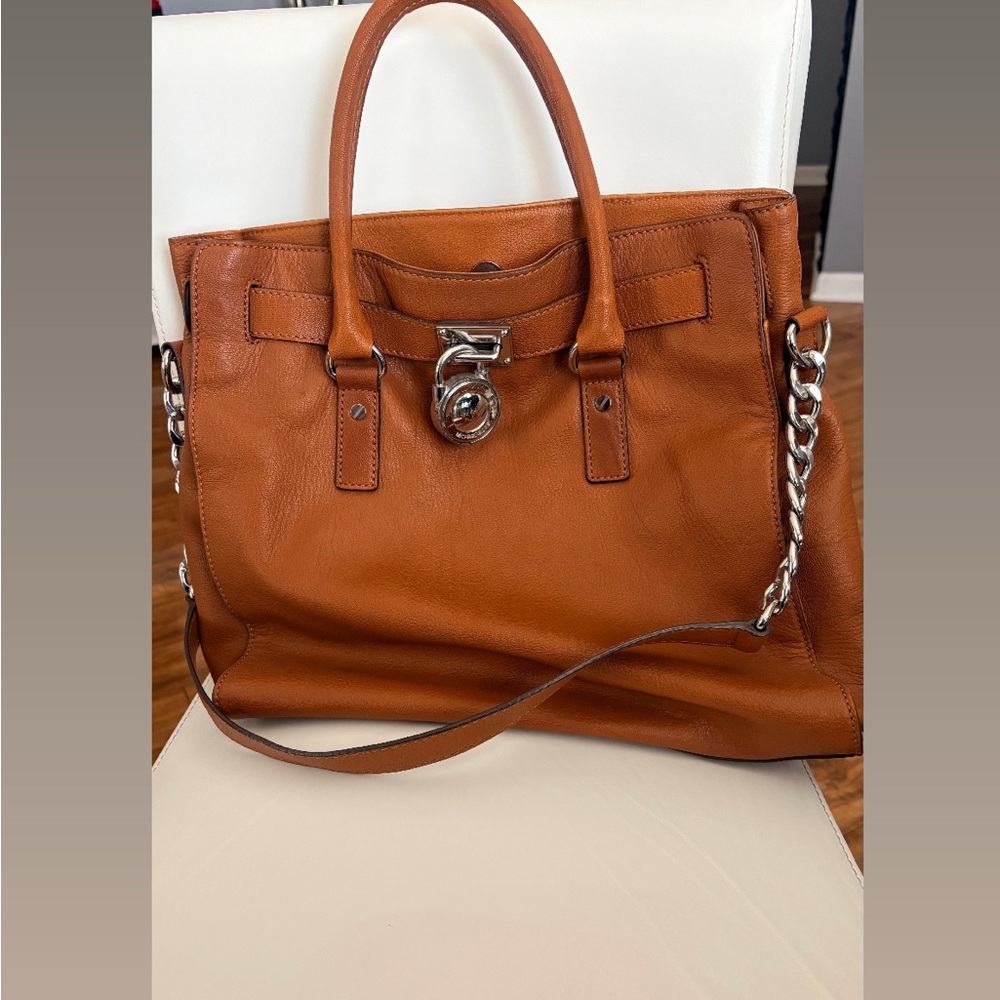 Michael Kors Stylish Tan Satchel with Silver Accents